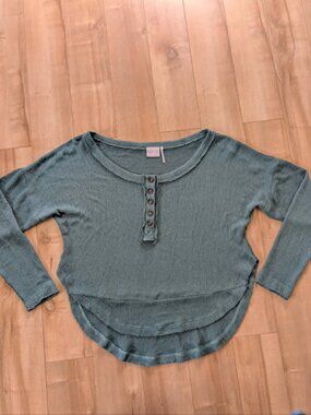 Out From Under Muted Teal Ribbed Henley Thermal Top Small